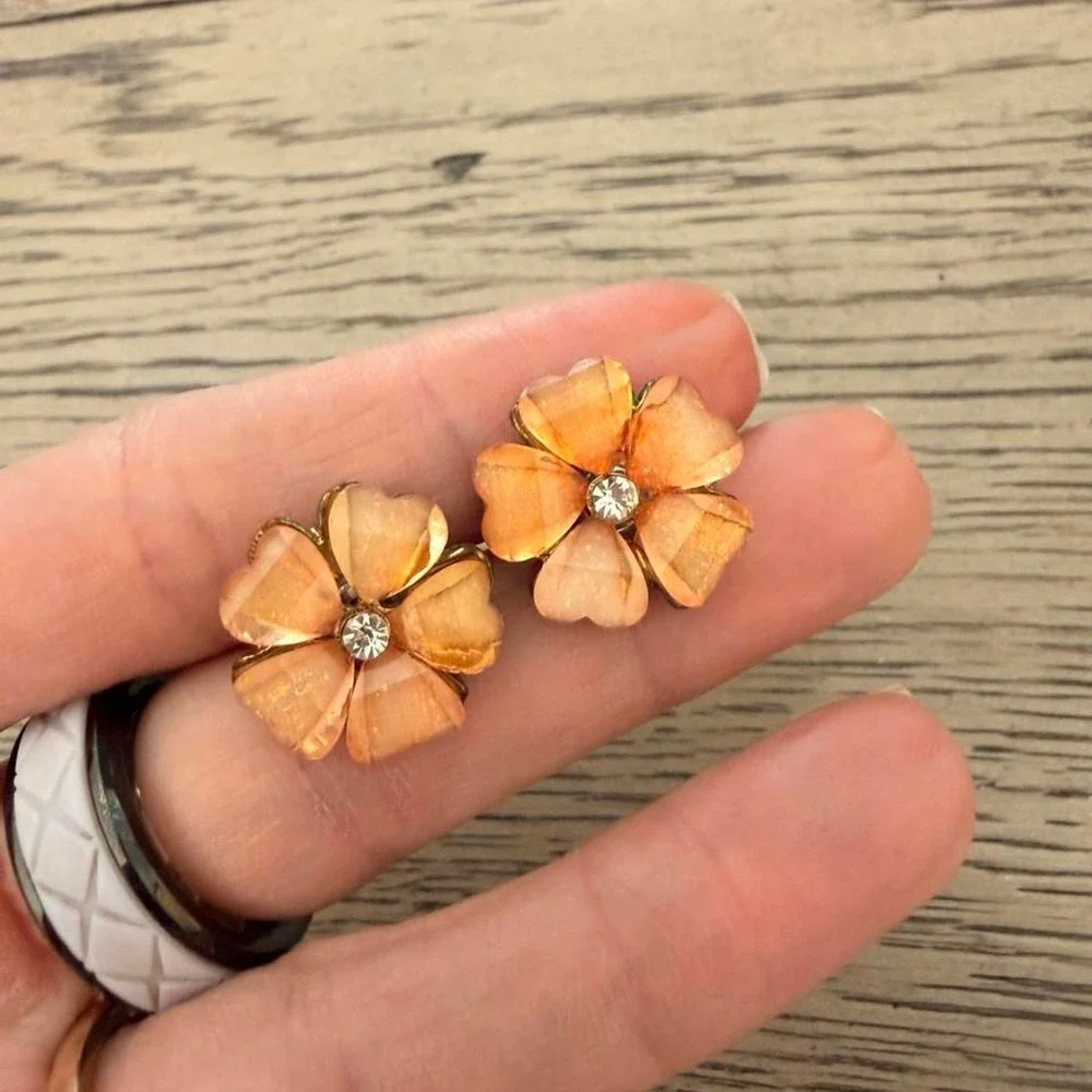 Boho Orange Flower Stud Earrings Gold Rhinestone Accents
